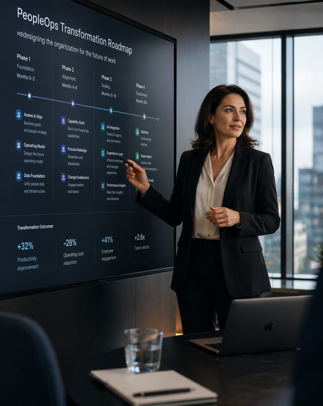 CHRO reviewing transformation roadmap in boardroom