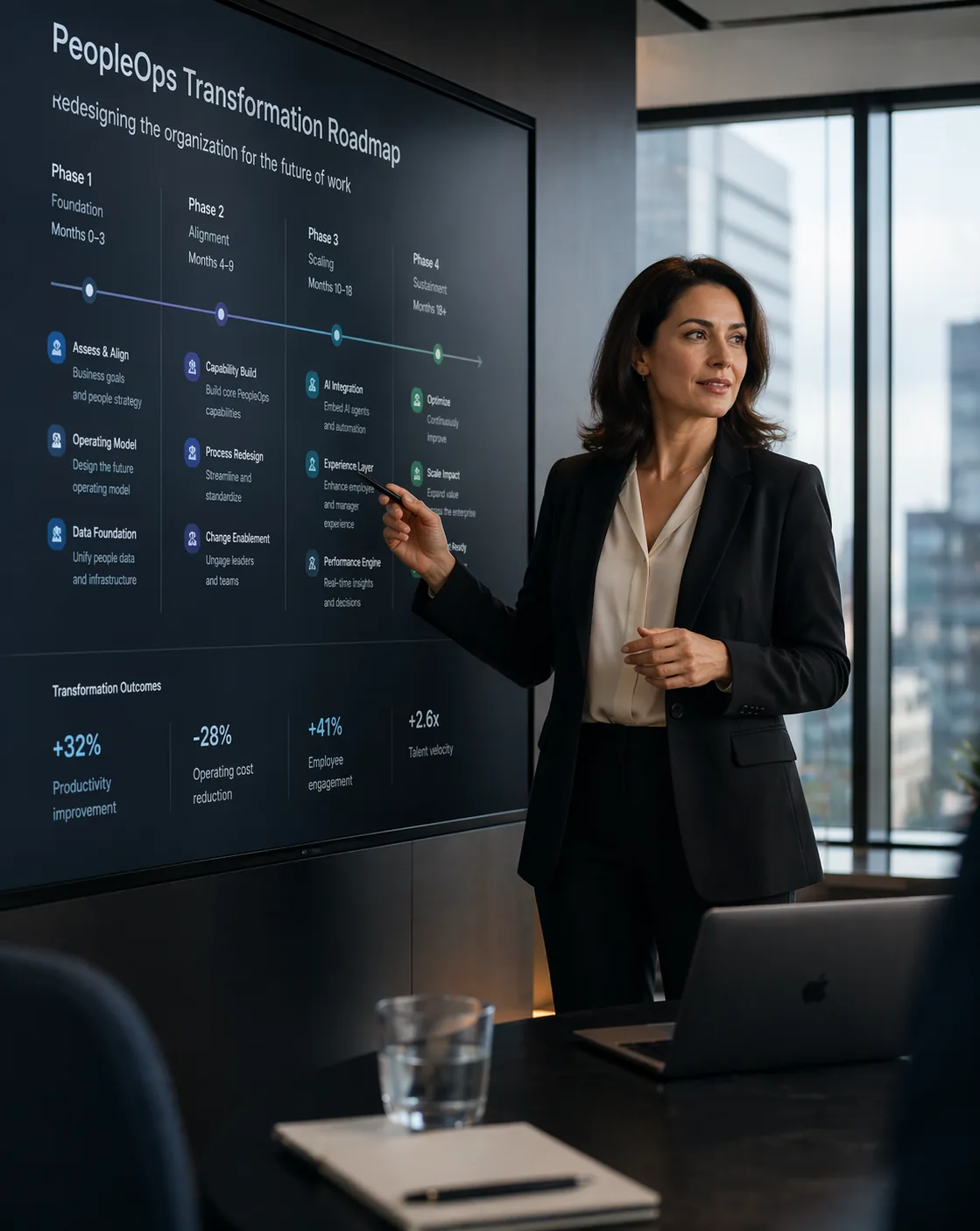 CHRO reviewing transformation roadmap in boardroom