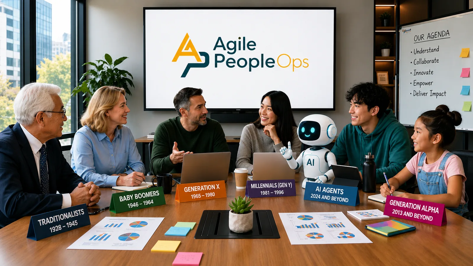 Five generations of colleagues and an AI agent working together around one table